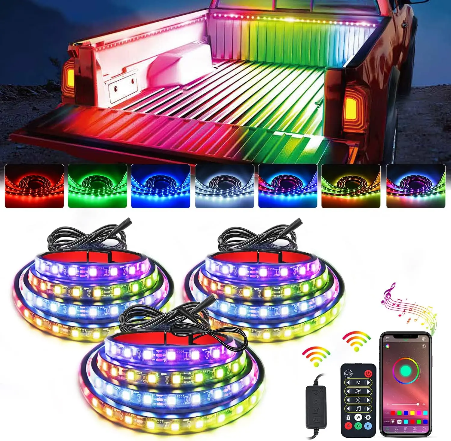 Nilight RGB-IC LED Light Strips for Truck Bed Pickup, 3PCS 60in Waterproof Automotive Decorative Work Lights with APP & RF Remote Control, Multi Dream Color DIY Music-Sync, Easy-to-Install, Led Lights Strips, Waterproof Led Light