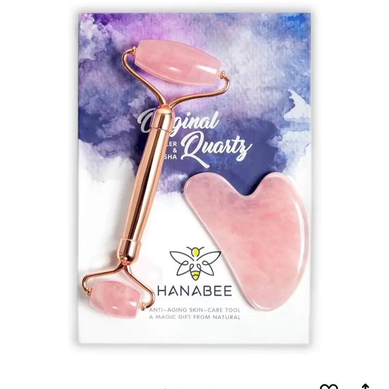 Quartz Gua Sha & Face Roller Set – 2-in-1 Facial Massage Tool, Natural White Quartz, Rose Gold Frame