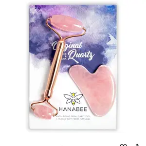 Quartz Gua Sha & Face Roller Set – 2-in-1 Facial Massage Tool, Natural White Quartz, Rose Gold Frame