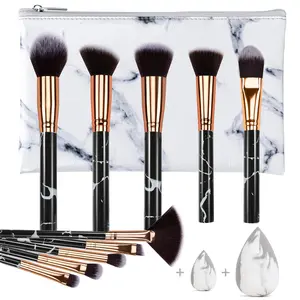 Makeup Brushes Professional Marble Makeup Brush Set, Soft and Odor-free Natural Synthetic Bristles,10pcs Makeup Brush + 2 Makeup Sponge + Cosmetics Bag (Black)