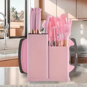 19-Piece Kitchen Knife Set with Heat-Resistant Silicone Cutlery & Wooden Handles - Chef Knife Included, Non-Stick Compatible, Stylish White & Pink – Perfect International Women's Day Gift for Her Cooking Pan Set Kitchenware Nonstick