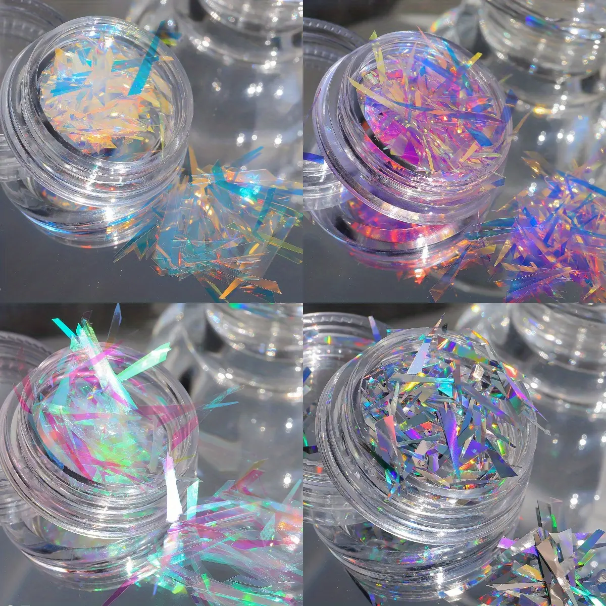 Holographic Nail Bedazzling Glitter Kit - 4 Jars of Iridescent Flakes, 3D Iridescent Glass Paper, Glitter Glow & Bling Effect, Ideal for Manicure Nail Art Decor, Cute, Sparkling Shine, Adds Depth And Shine, Four Jars