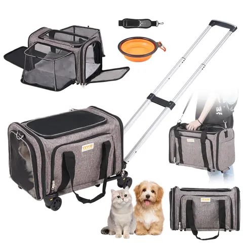 【Summerfinds】VEVOR Airline-Approved Rolling Pet Carrier with Wheels, Telescopic Handle, Shoulder Strap, Zipper, Fabric, Hook-and-Loop, 1 Folding Bowl, 17.5x11.2x11.4 in, Convertible to Carrier Backpack for Cats & Dogs,toolupgrade