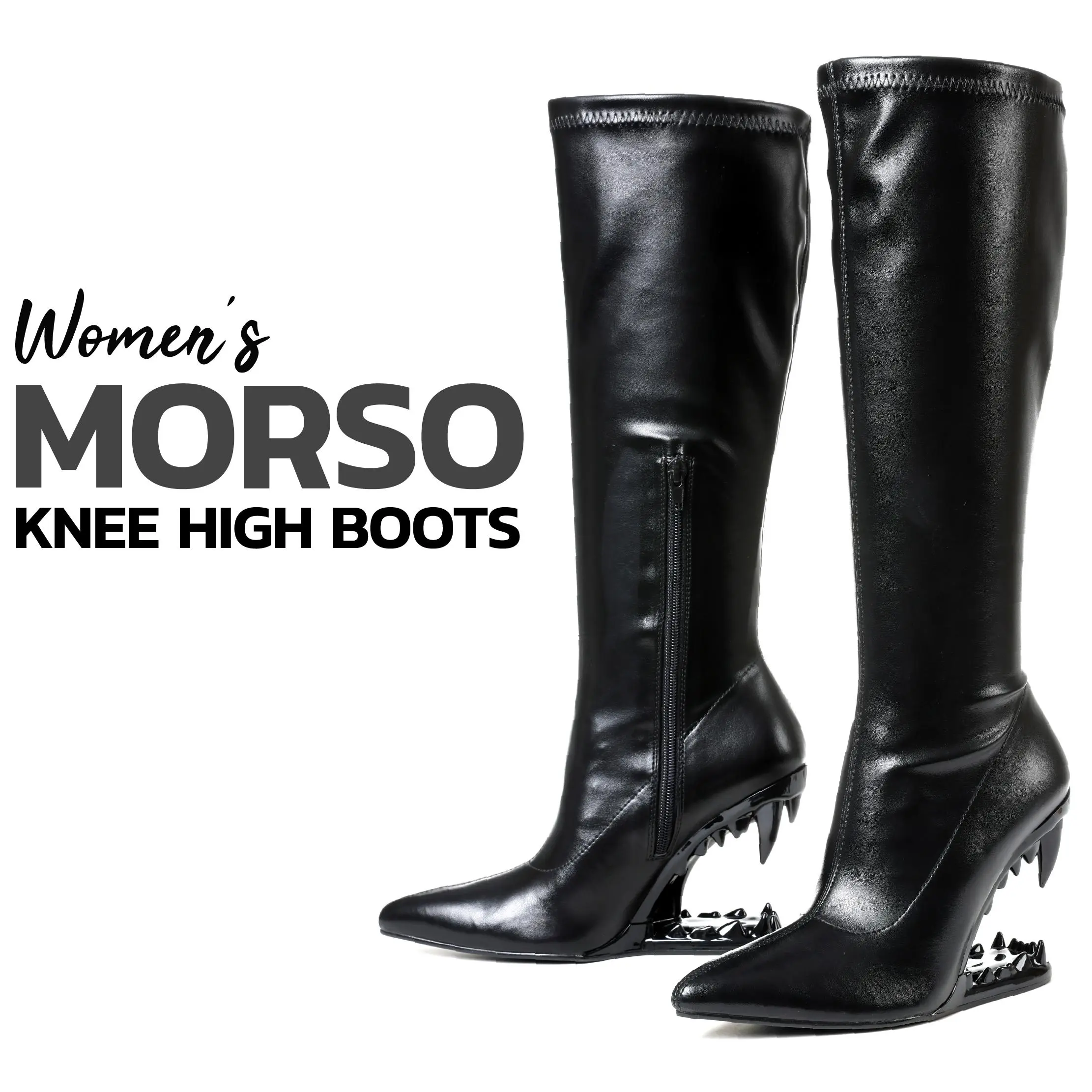 Women Morso Heel Knee High Boots Pointed Toe Tiger Teeth Shark Heel Side Zipper Pull On Comfortable Wedding Party Dating Outing Holiday Concert Graduation Fashion Tall Boots