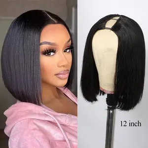 VIPbeauty Straight V Part Bob Wig Human Hair Glueless No Leave Out Upgraded U Part Wig For Women 10-16 Inch Short Human Hair Brazilian Raw Hair 1B Natural Black Color 150%