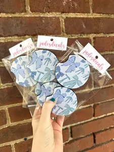 Blue Bow Coquette Car Coaters, Machine Washable Coasters