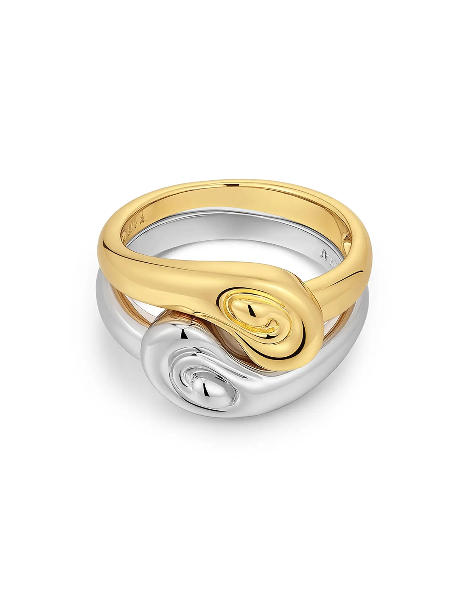 Luv Aj Coquille Swirl Shell Ring Set of Two in Two Tone Gold and Rhodium Silver Plated - Size 7