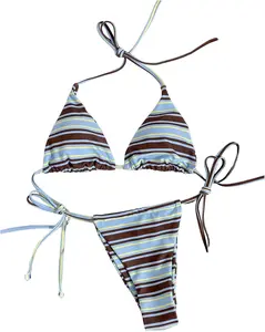 Women's Thong Bikini Sets Striped Halter Triangle High Cut String Two Piece Swimsuit Summer Bathing Suit
