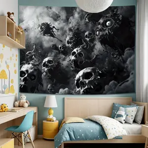 1pc Large Gothic Horror Wallpaper-like Tapestry - Black & White Skull & Bone Design with Glowing Eyes - Heavy-Duty Fabric Panel for Living Room, Bedroom, Office, Party Decor - Easy Peel-and-Stick Installation Kit Included - Spooky Horror Theme Wall Hangin