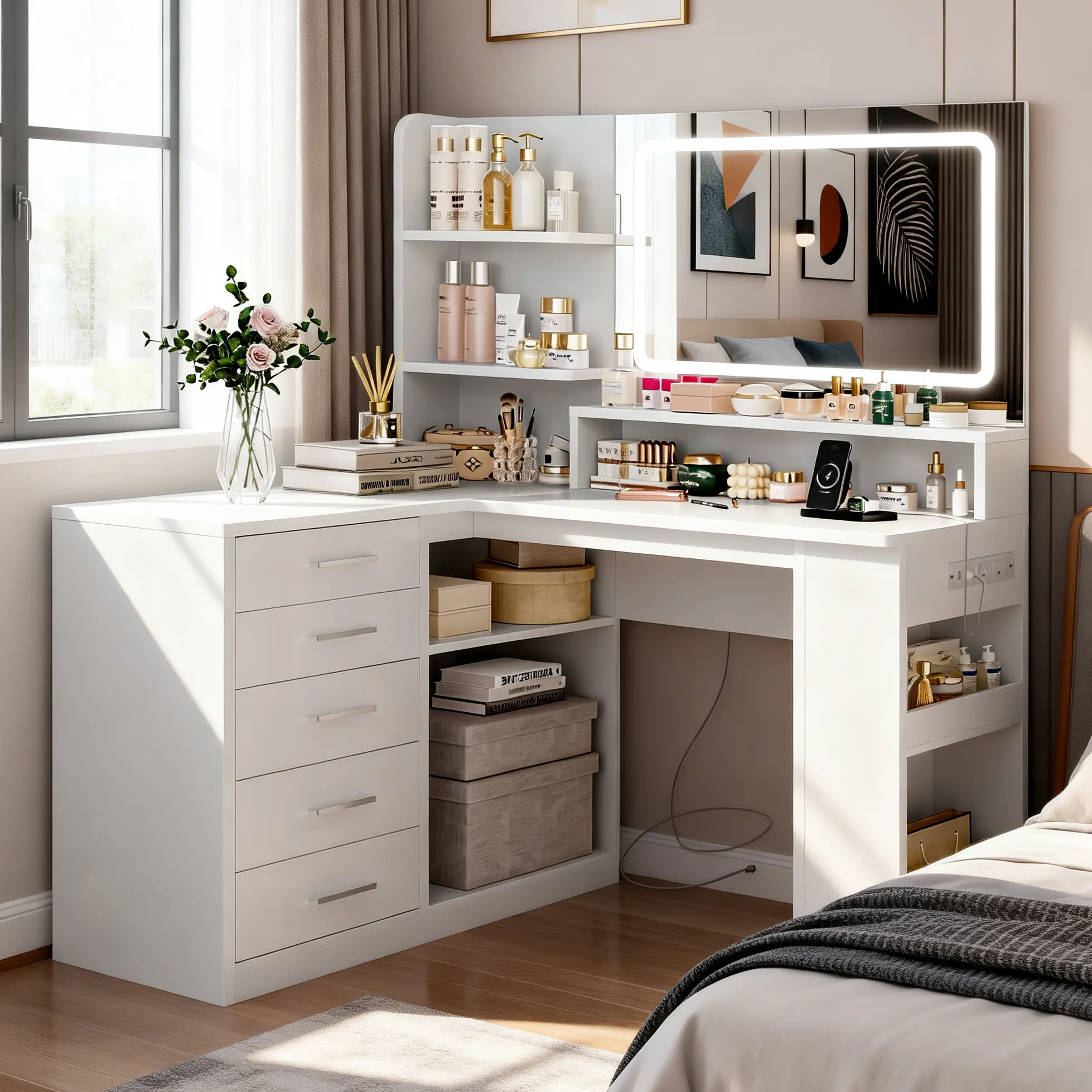 Women's Modern Corner Freestanding Backlit Bedroom Vanity Table - White Makeup Vanity Furniture with LED Lighted Mirror, Charging Station, 5 Drawers, Large Open Storage Shelves, Makeup Dresser Table