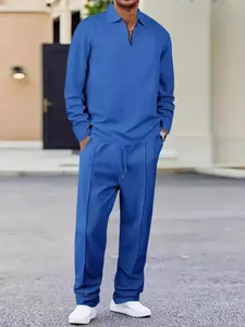 New Breathable Comfort Men's Spring Summer Matching Set, Waffle Pattern Long Sleeve Top and Pants Two Piece, Stylish Casual Wear Outfit Clothes