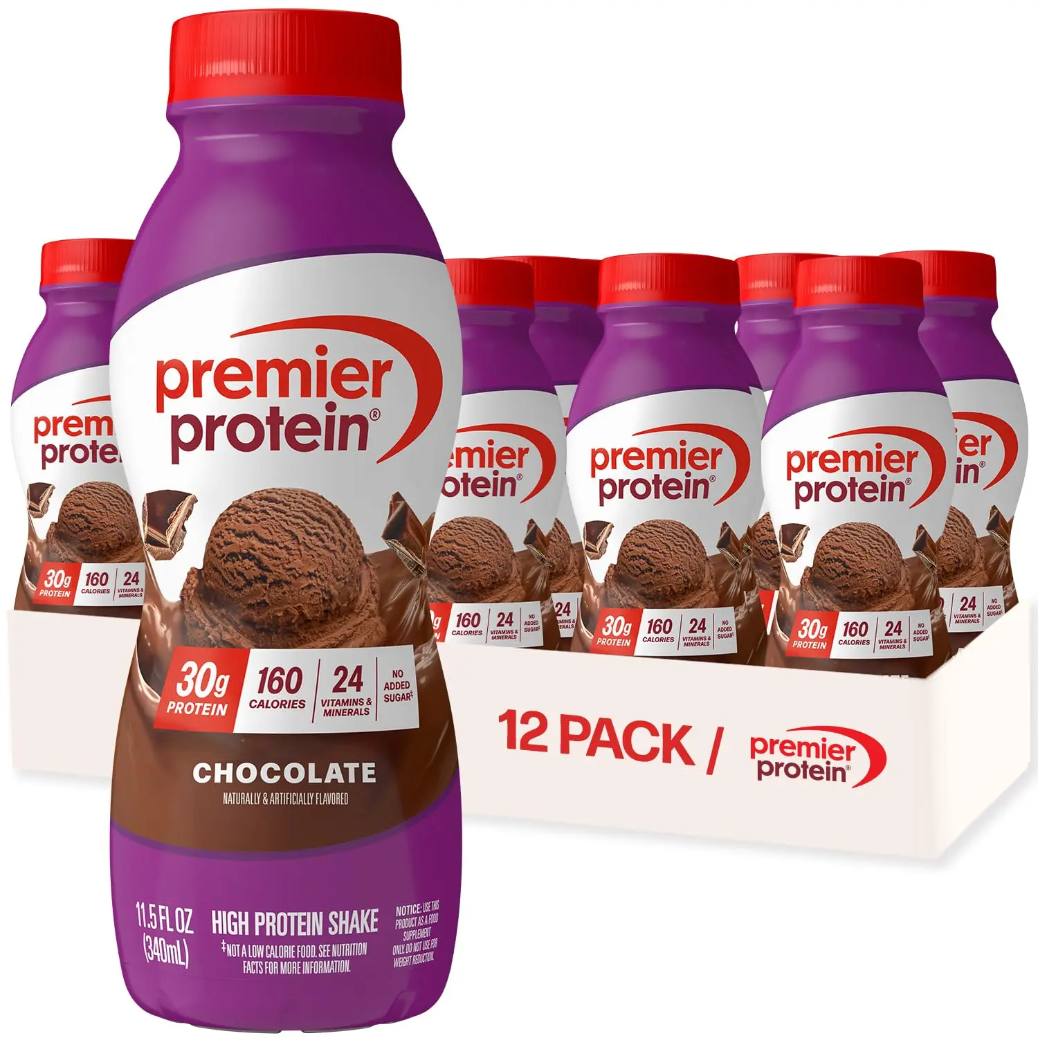 Premier Protein Shake Drink, Chocolate, Frozen, Gluten-Free, 30g Protein, No Added Sugar, 24 Vitamins+Minerals to Support Immune Health, 11.5 fl oz, 12 Pack