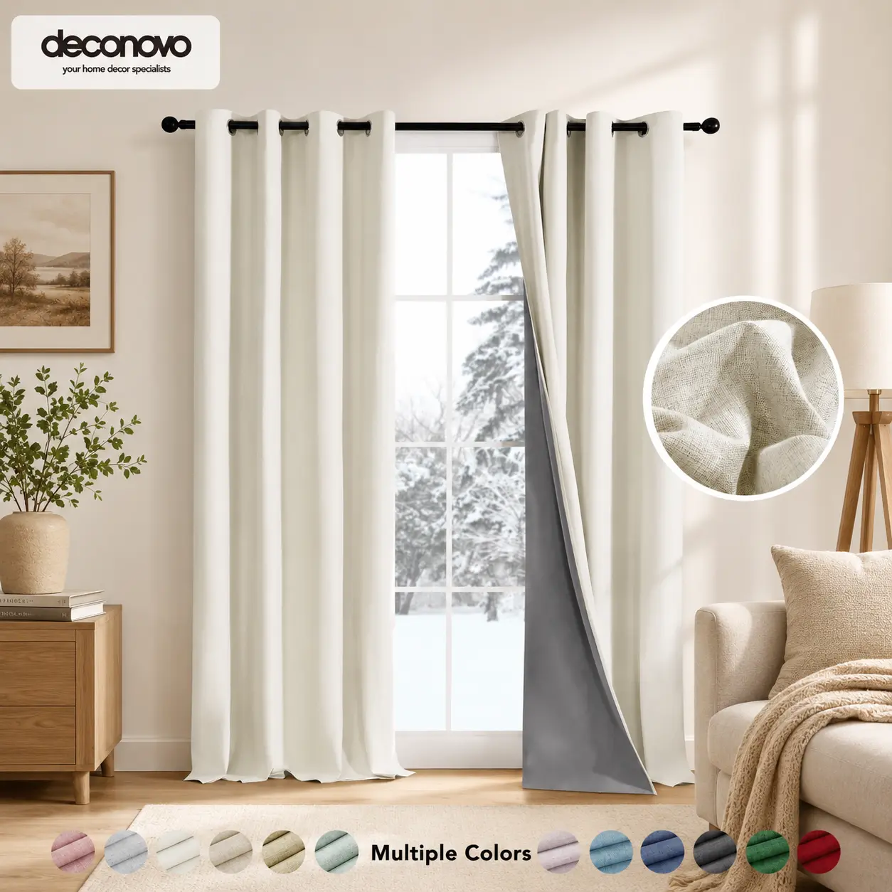 Deconovo 100% Linen Blackout Curtains (2 Panels) - Thermal Insulated, Energy Efficient, Soft Texture, Wavy Drapes, Ceiling Mounted Colorful Curtains for Living Room, Bedroom