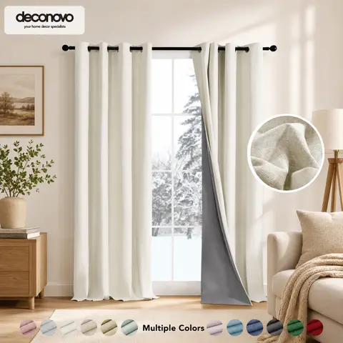 Deconovo 100% Linen Blackout Curtains (2 Panels) - Thermal Insulated, Energy Efficient, Soft Texture, Wavy Drapes, Ceiling Mounted Colorful Curtains for Living Room, Bedroom