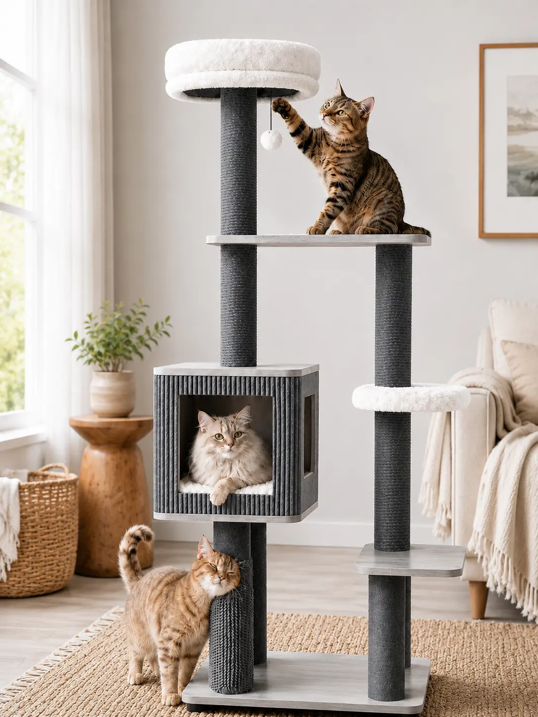 Modern Cat Tree Tower for Indoor Cats, Wooden Style 5-Level Cat Furniture with Plush Top Perch, Cozy Condo, Washable Cushions, Sisal Scratching Posts & Grooming Brush for Large Cats