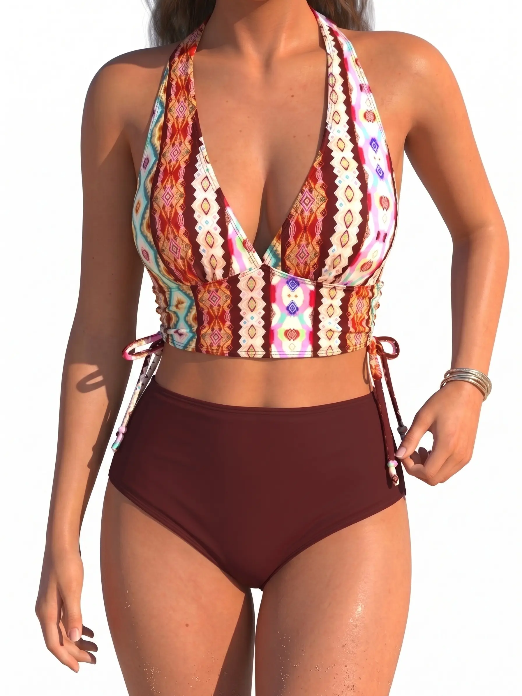Women's High-Waisted 2-Piece Boho Printed Bikini Set, Longline Halter Swimsuit with Tummy Control & Side Drawstrings, Beachwear for Summer 2026 Festivals