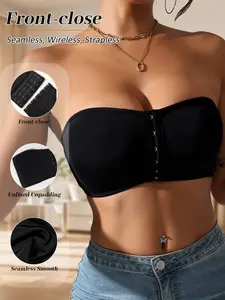 🔥 Front-Closure Strapless Non-Slip Bandeau Bra, Wireless & Seamless, Push-Up & Side Support, Adjustable Front Hooks, Perfect for Off-Shoulder & One-Shoulder Outfits, Underwear