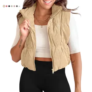 Danedvi Women's Corduroy Puffer Vest Stand Collar Zip Cropped Padded Gilet with Pockets Tops Casual