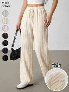 Women's Casual Sporty Basic Long Pants, Striped Waist Straight Leg, Loose Fit, Daily Wear, Pocketed High-Waisted Wide Leg Pants, Fashion