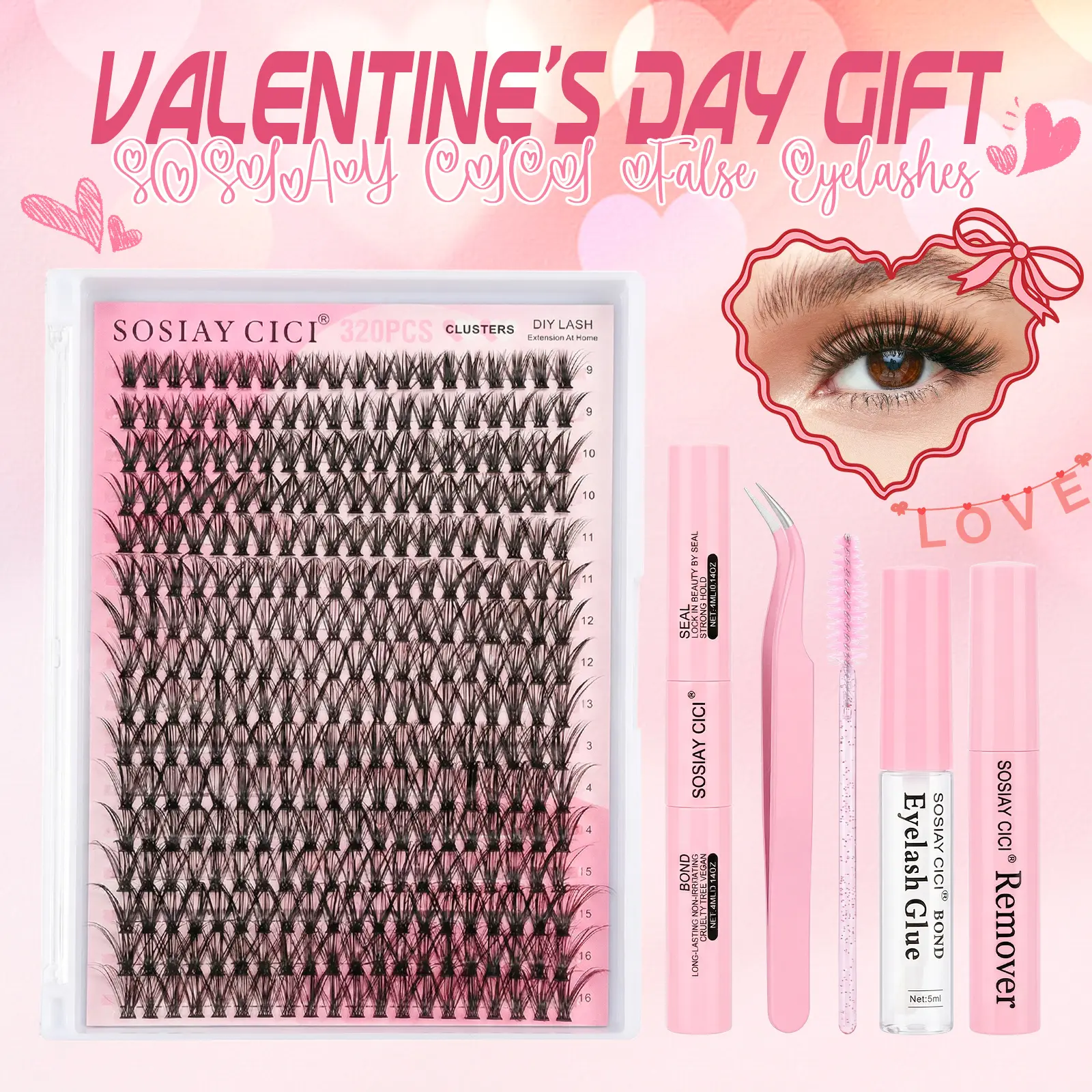 DIY  Extension Kit 320 Pcs 40D Fluffy  ClustersMixed 9-16mm Individual  with Glue, Remover,Tweezers & Brush, Waterproof Long-Lasting Home  SetEasy Self-Graft Natural Eye Makeup, Perfect Gift for Women Cosmetic, Eyeelashes professional