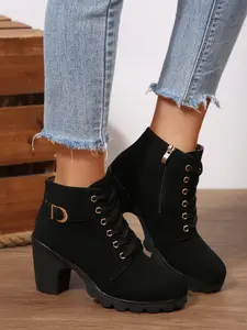 Women's High Heel Classic Side Zipper Boots, Buckle Strap Chunky Sole Short Booties, Round Toe Lace-Up Ankle Boots Footwear, Stacked Heel Boots