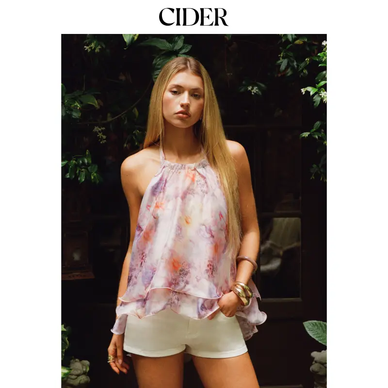 Cider Women's Floral Chiffon Stand Collar Sleeveless Backless Ruffle Hem Halter Blouse