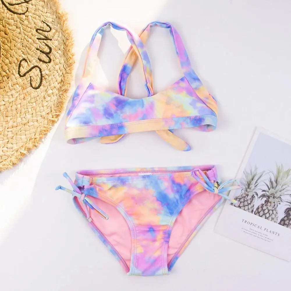 7-14 Years Tie Dye Children Kids Girls Bikinis 2026 Bandage Teen Two-Pieces Beachwear Summer Surf Baby Kids Swimwear Swimsuit