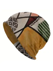 1pc Funky Africa Bonnet - 95% Polyester 5% Elastane Knitted Skullies Beanie for Men, Creative Folk Caps, Knit Hat