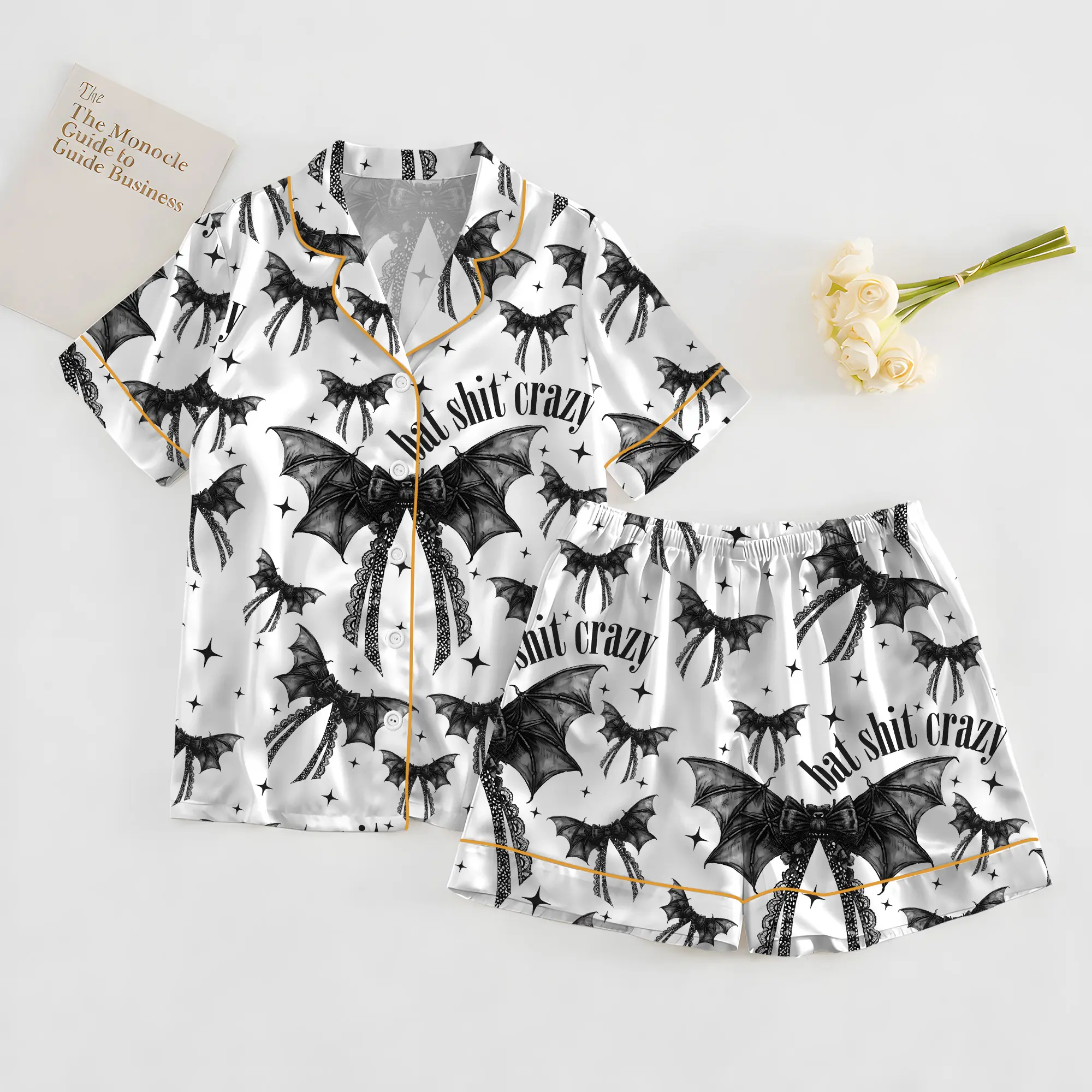 Bat Shit Crazy Gothic Coquette Bow Satin Pajama Set Adults, Halloween Print Pajamas Bat Gothic Coquette, Homewear Bow Black Gifts Women