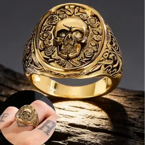 14k gold-plated skull ring in classic Gothic Punk Hip Hop style, bone-shaped jewelry gift, unisex design - Suitable for both men and women - Perfect for everyday wear, gifts, and parties.