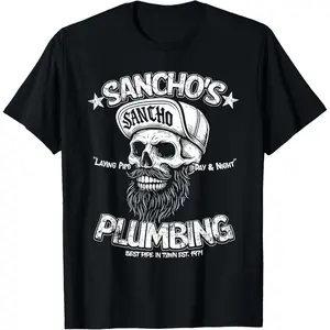 100% Cotton Sancho's Plumbing Laying Pipe Skeleton Plumber Funny T-Shirt