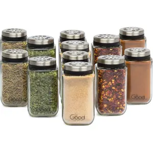 Adjustable Glass Spice Jars- Set of 12 Premium Seasoning Shaker Rub Container Tins with 6 Pouring Sizes
