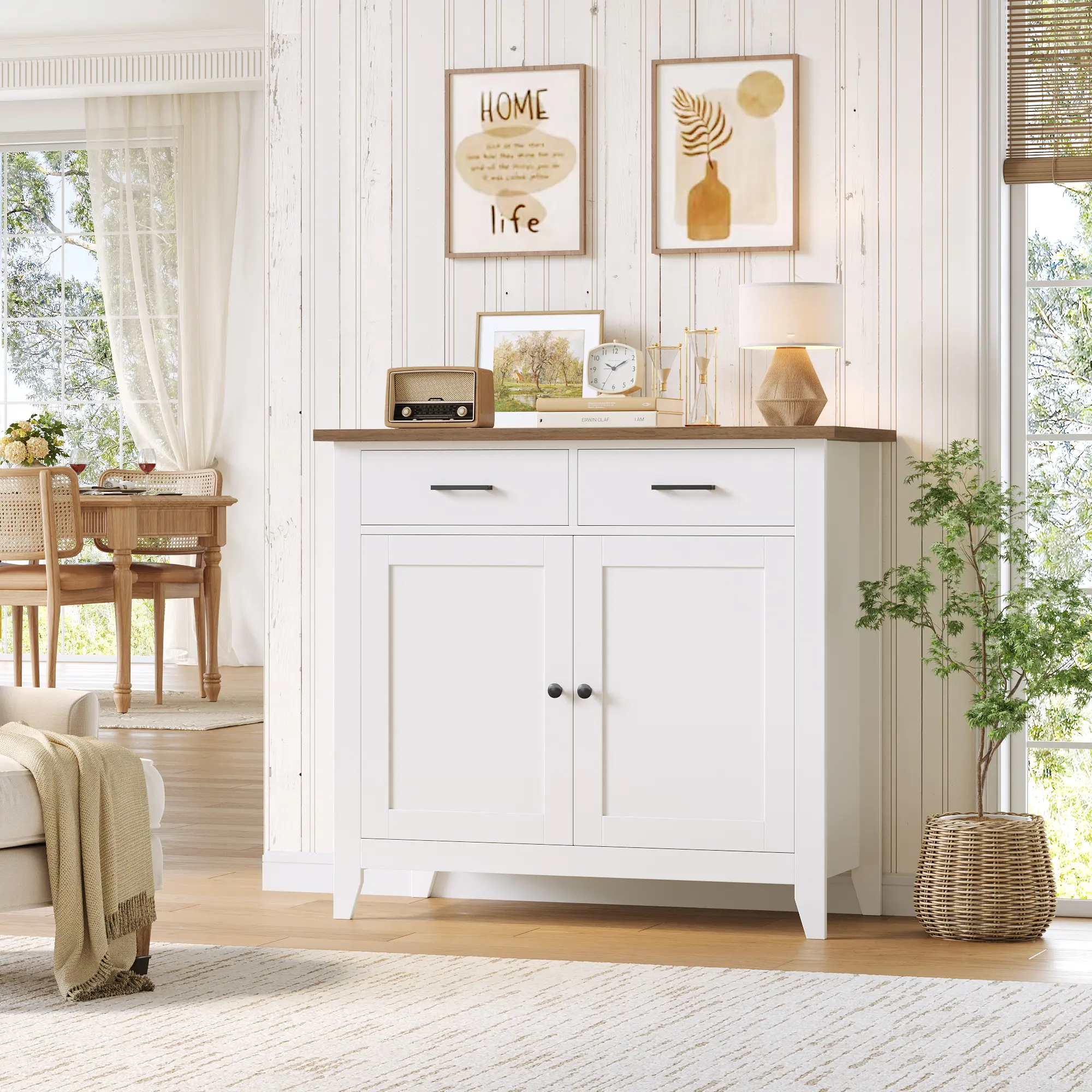 HOSTACK Kitchen Storage Cabinet, Modern Farmhouse Buffet Cabinet with Storage, Coffee Bar with 2 Drawers and 2 Doors, Floor Sideboard Buffet for Living Room, Dining Room, Bathroom, Ivory White
