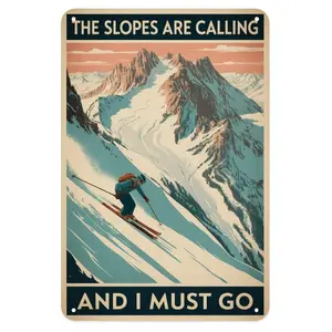 The Slopes Are Calling Tin Sign, Vintage Skiing Art Poster Metal Sign Print Aesthetic Wall Decor for Home Kitchen Bar Indoor Outdoor Use, 8 X 12 in