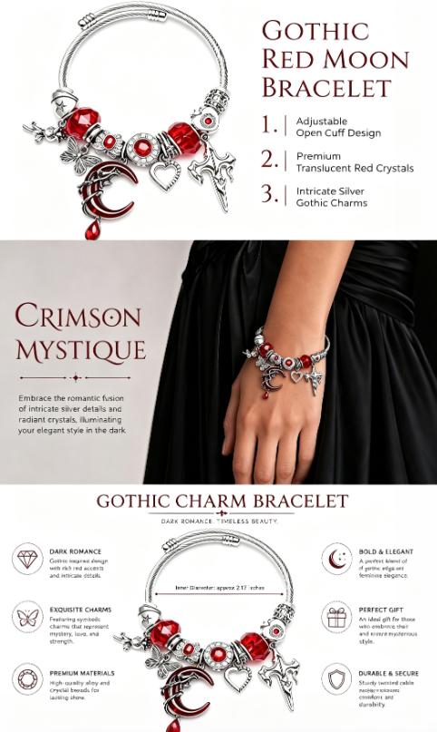 Gothic Red Moon Charm Open Cuff Bracelet, Adjustable Twisted Cable Bangle with Red Crystal, Butterfly Heart Cross Charms, Dark Romance Jewelry Gift for Women