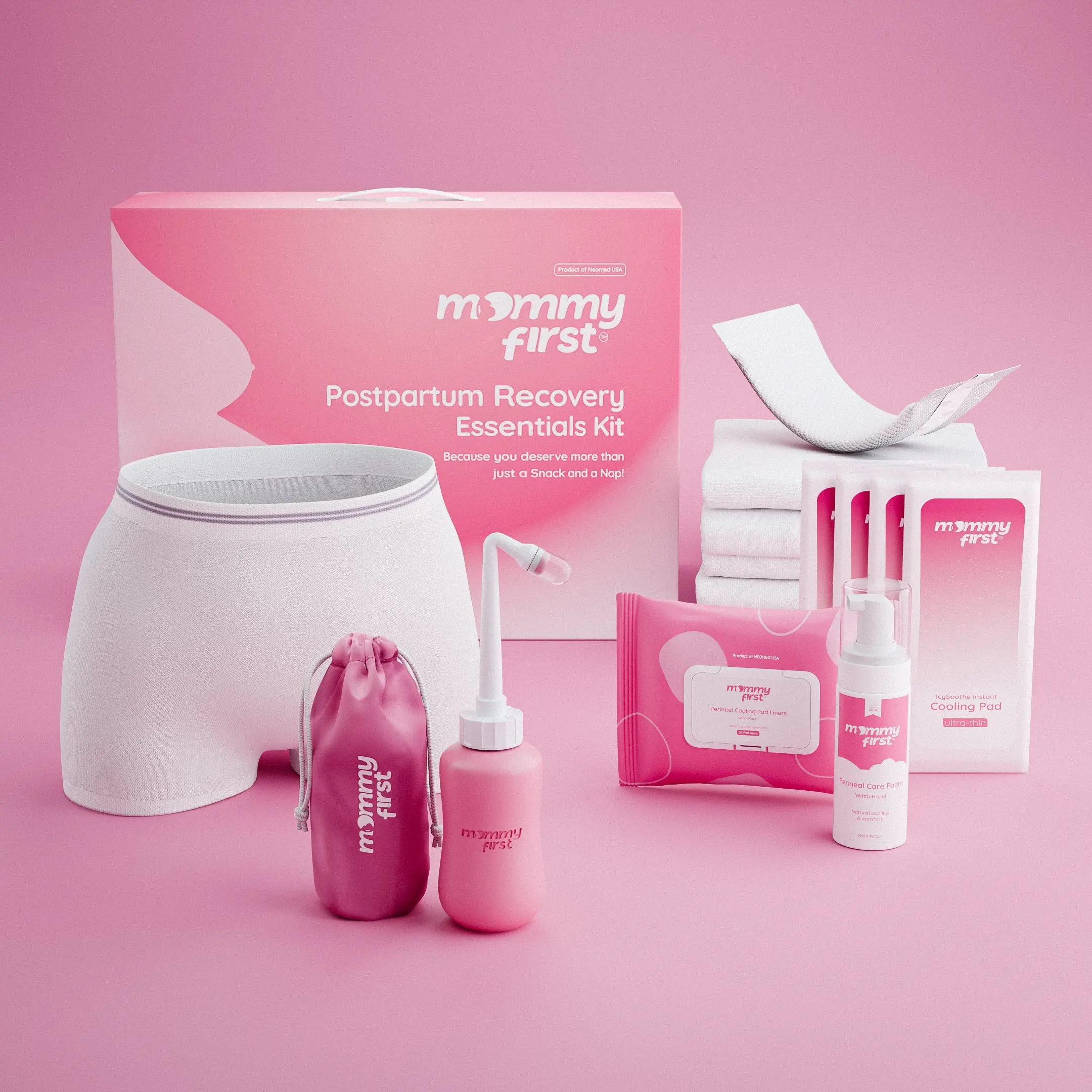 Mommy First Postpartum Essentials Recovery Kit – Next-Gen Perineal Ice Packs, Alcohol-Free Witch Hazel Healing Foam and Liners, Upside Down Peri Bottle & Postpartum Underwear for Postpartum Recovery