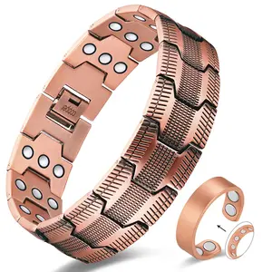 Vicmag Copper Bracelet Ring Set for Men, Pure Copper Magnetic Jewelry with Powerful Magnets 3X Strength, Adjustable Gift