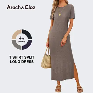 Arach&Cloz Womens Summer Wool Blend T Shirt Maxi Long Dress 2026 Spring Casual Short Sleeve Crew Neck Slit Knit Texture