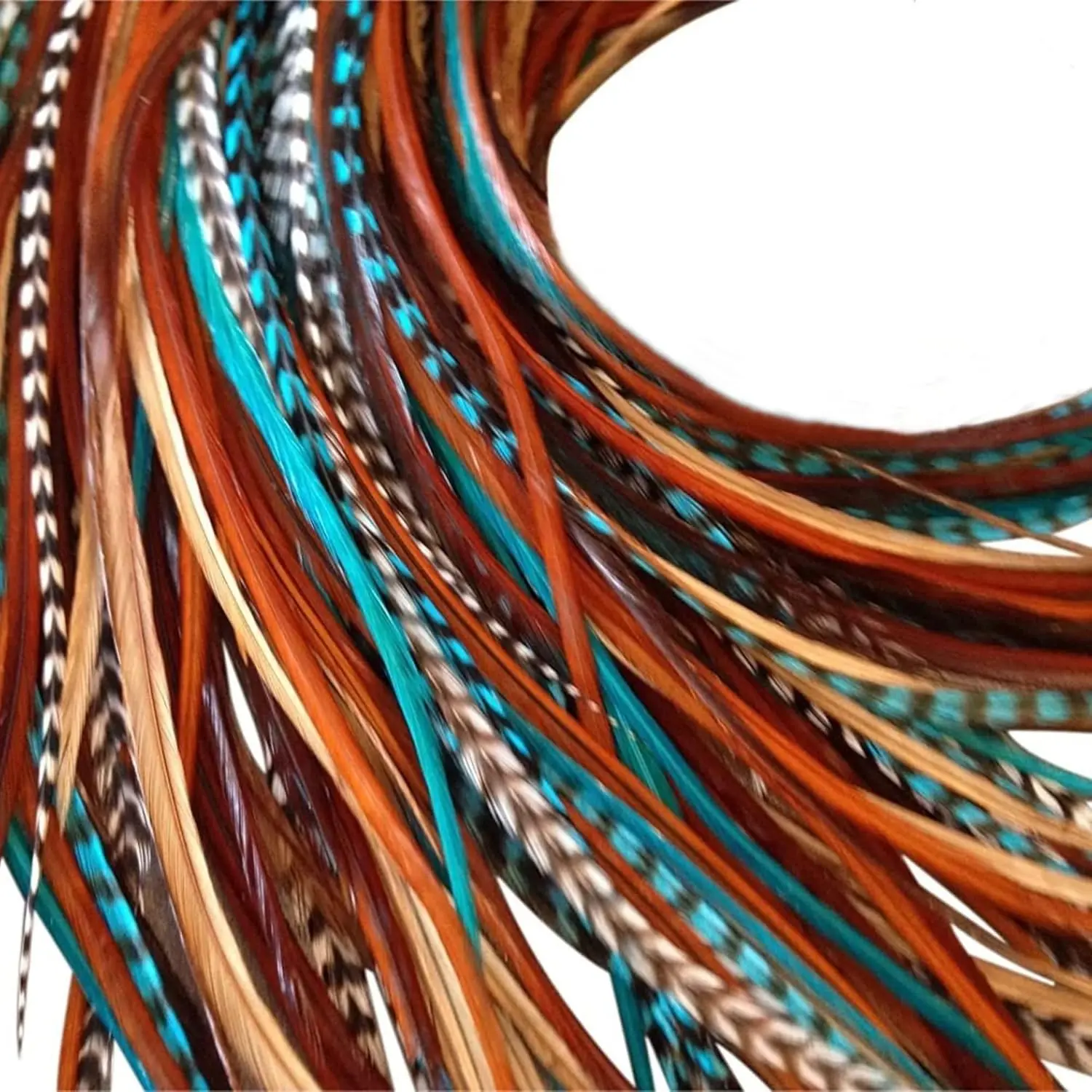 Real Rooster Feather Hair Extension DIY Kit - Long 9-12" Salon-Grade, Western Style with Striped Patterns in Turquoise & Brown, Includes Microlink Beads & Tool, Colored Hair Extensions, Synthetic Hair Extensions