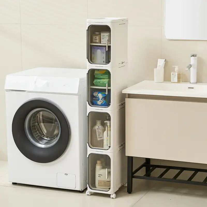 4-Tier Slim Storage Cabinet with Drawers & Doors, Foldable Plastic Organizer with Wheels, Adjustable Shelves, Stackable Narrow Storage for Bathroom, Kitchen & Small Spaces