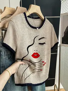Abstract Portrait Print Round Neck Crewneck Sweater Piece, Casual Short Sleeve Knitwear for Spring Summer Fall, Comfortable Warm Women's Clothing, Womenswear, Knit Tops