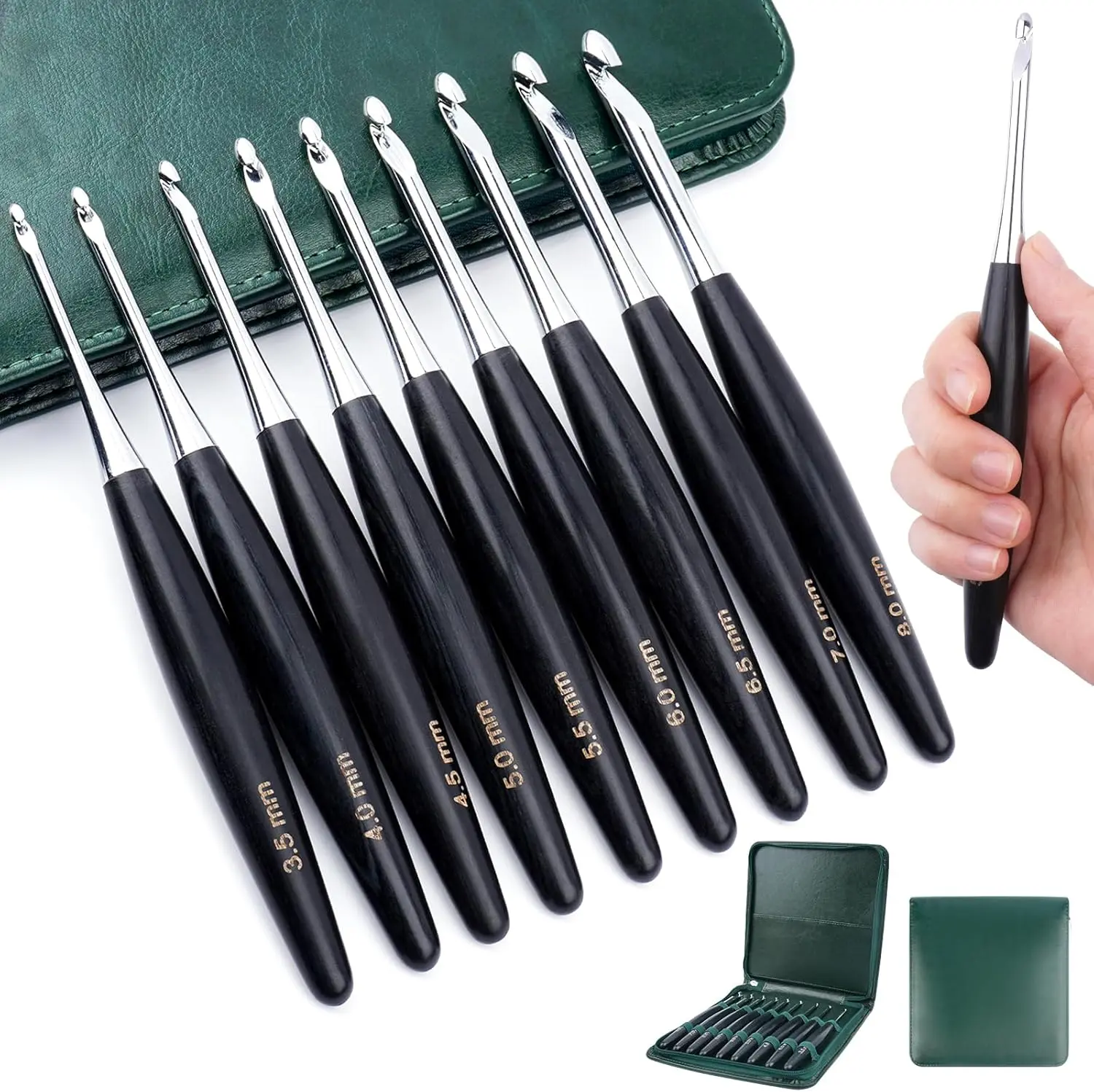 Inline Crochet Hooks Set, 9 Sizes 3.5mm(E)-8mm(L) Wooden Handle with Case, Ergonomic Grip for Arthritic Hands Ideal for Hats, Blankets, Dolls, Gloves, Sweaters