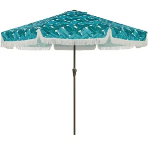 Vintage 10FT Patio Umbrella with Fringe – Outdoor Sun Shade Parasol, UV 50+ Protection, 8 Fiberglass Ribs, Heavy-Duty Steel Pole, Crank & Tilt for Garden, Beach, Pool, Backyard