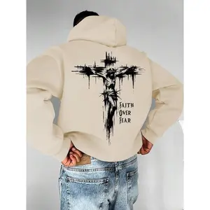 Men's Cross and Faith Over Fear Slogan Printed Drawstring Hoodie Suitable for Daily Wear Christian Gift God is Good Fashion Trend Christian Bible Verse