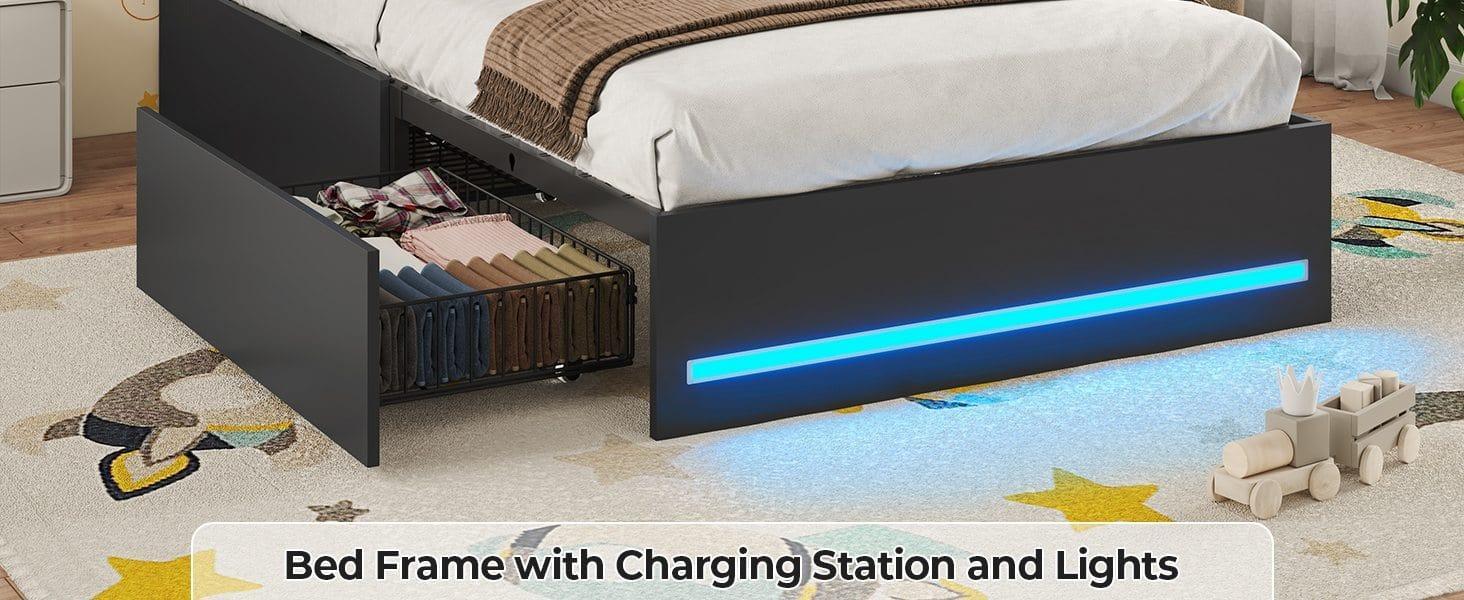 SIKAIC LED Bed Frame - Bedroom Furniture with MDF Board Bookcase Headboard, 4 Storage Drawers, USB Port, Type-C Charging Station, Black LED Light Platform Bed SIKAIC LED Bed Frame - Bedroom Furniture with MDF Board Bookcase Headboard, 4 Storage Drawers, USB Port, Type-C Charging Station, Black LED Light Platform Bed