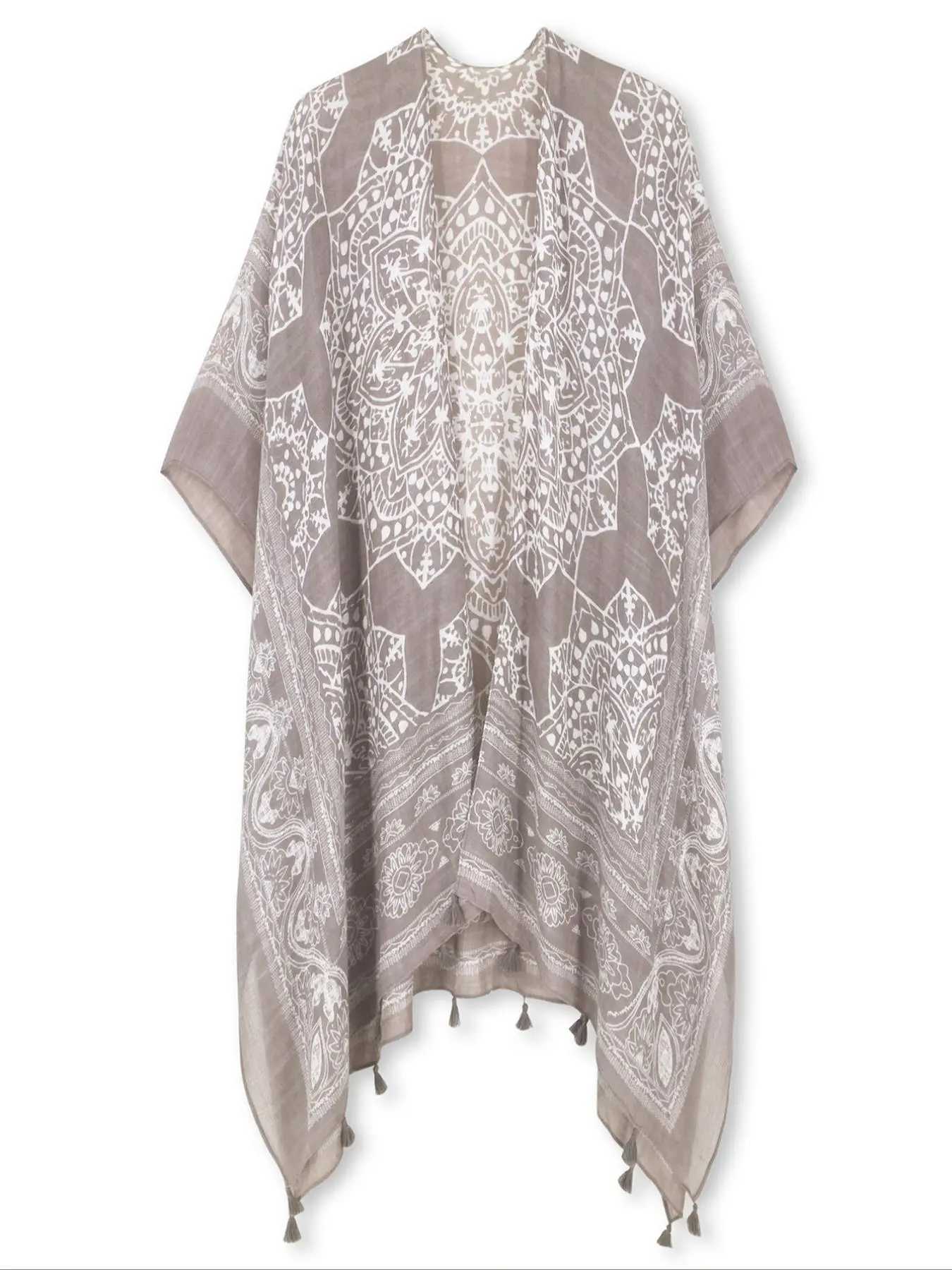 Women's Ethnic Pattern Fringe Trim Kimono Cover Up, Boho Batwing Sleeve Open Front Cover Up, Ladies Summer Clothes for Beach Holiday Vacation, Beach Cover Ups, Beach Coverup, Swimsuit Cover Ups, Bohemian Cover Up