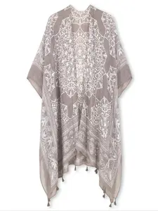 Women's Ethnic Pattern Fringe Trim Kimono Cover Up, Boho Batwing Sleeve Open Front Cover Up, Ladies Summer Clothes for Beach Holiday Vacation, Beach Cover Ups, Swimwear Cover Up