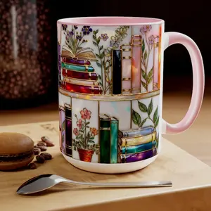 Stained-Glass Design 15oz Mug, Floral Bookshelf Mug, Book Lover Gift, Bookish Mug, Library Cup, 11oz Tea Cup, Large Ceramic Mug, Coffee Mug, Gift for Friends, Kitchen Drinkware, dealsforyou, summerwins, summersale, midyearsale, restock, dealsforyoudays