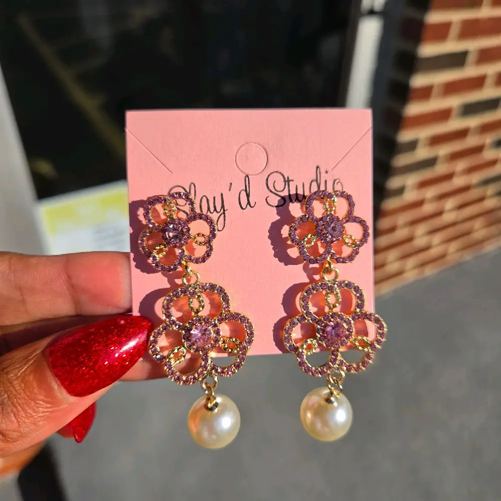 Pink Double Flower Pearl Earrings