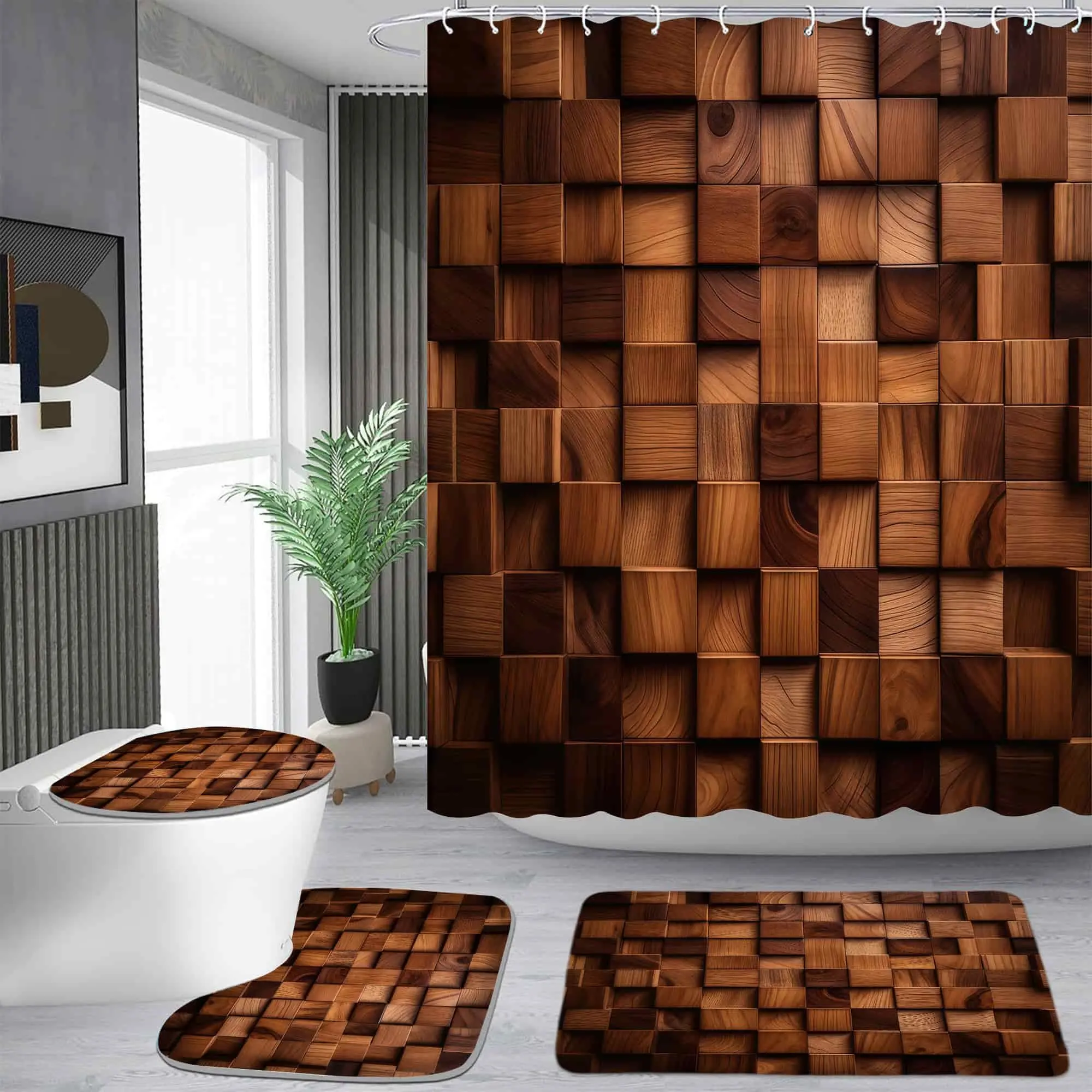 Retro 3D Wood Grain Waterproof Adjustable Length Shower Curtain Set with 12 Hooks, Non-Slip Bathroom Carpet, U-Shaped Toilet Cushion, Toilet Seat Cover - Hanging Bathroom Decoration, Ideal Moving Gift, Bathroom Decor Ideas